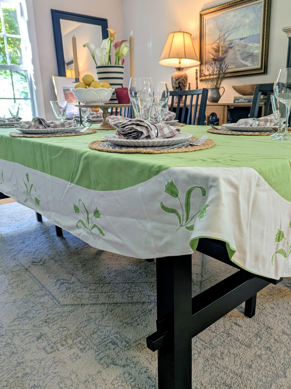 Applique Linen Tablecloth Chartreuse Green Tulips Scalloped XL Oblong